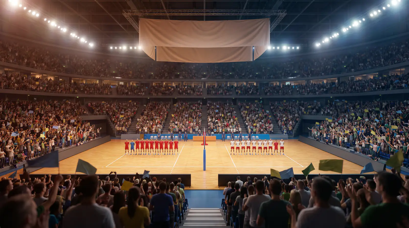 Голяма спортна зала с волейболен мач от международен турнир EuroVolley 2026