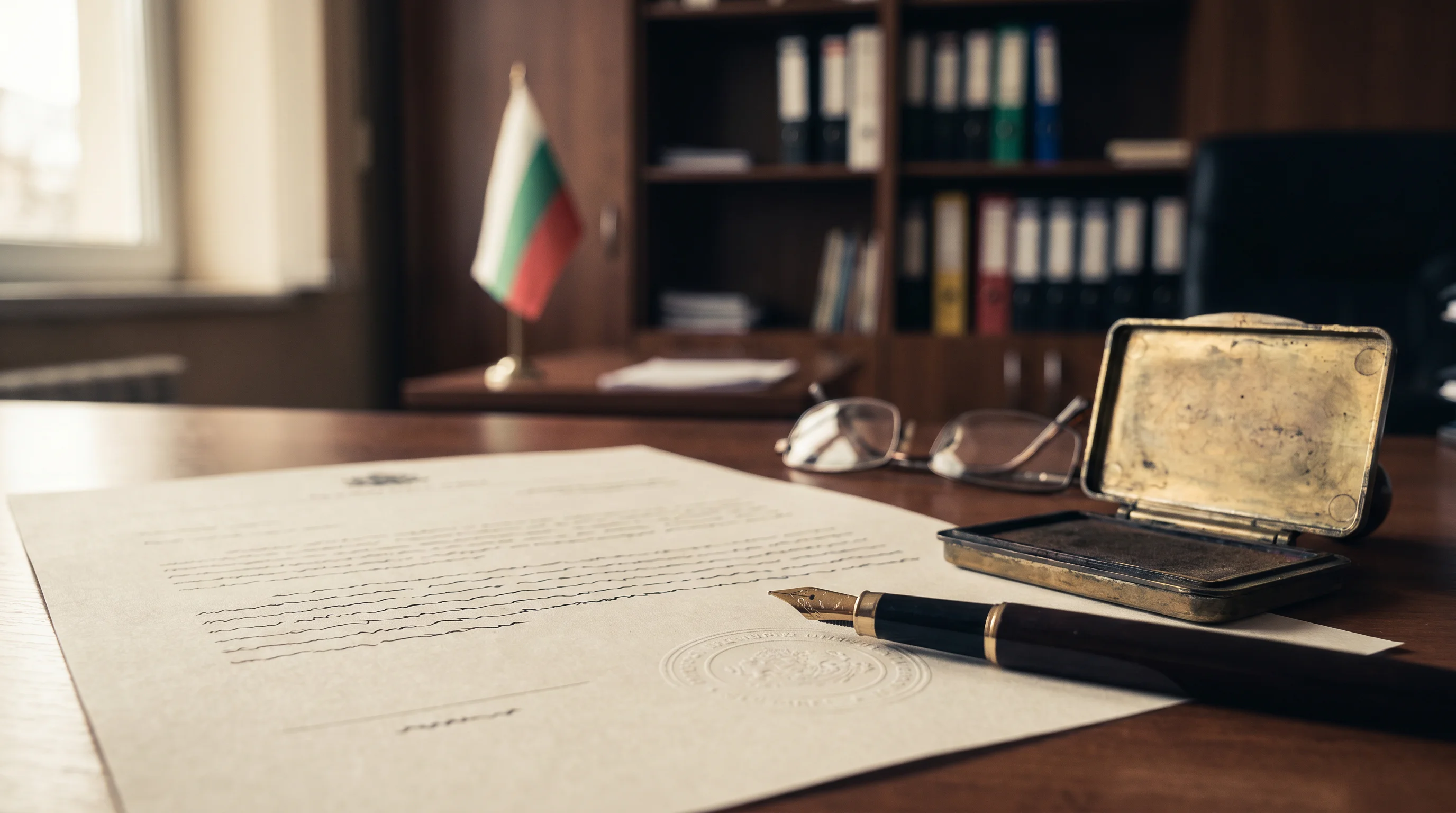 Документи и официален печат върху бюро — лицензиране на онлайн оператор в България